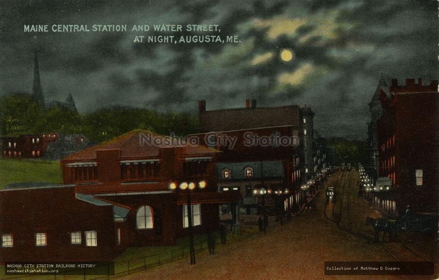 Postcard: Maine Central Station and Water Street at Night, August, Maine